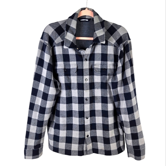 Lands End Mens Buffalo Check Blue and Gray Snap Buttoned Shirt - Picture 1 of 12